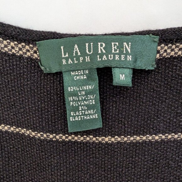 LAUREN RALPH LAUREN Dress M Black Tan Striped Linen Blend Classic Pullover - Picture 5 of 12